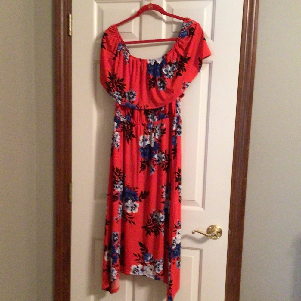 Summer event dress!  Off shoulder red midi dress. Never worn, size Medium